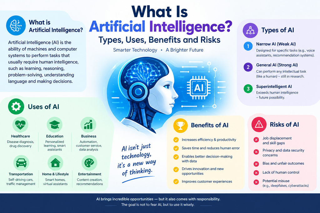 What Is Artificial Intelligence? Types, Uses, Benefits and Risks What is artificial intelligence? Infographic explaining AI types, uses, benefits, and risks.