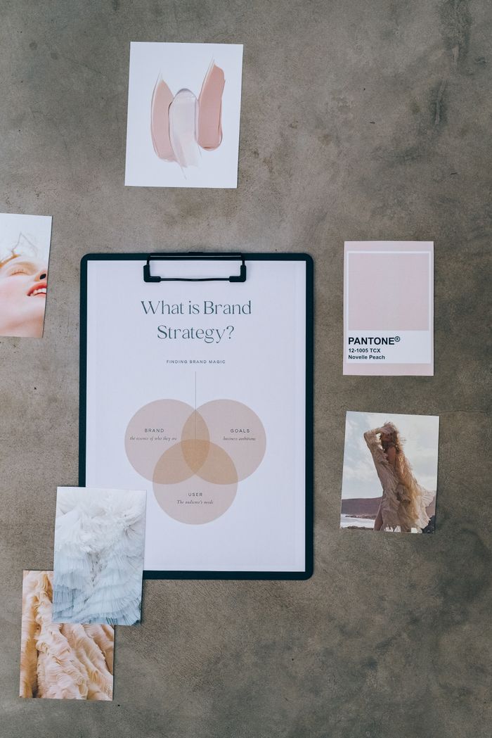 services-06 Flat lay of a brand strategy board surrounded by mood and color swatches on concrete.